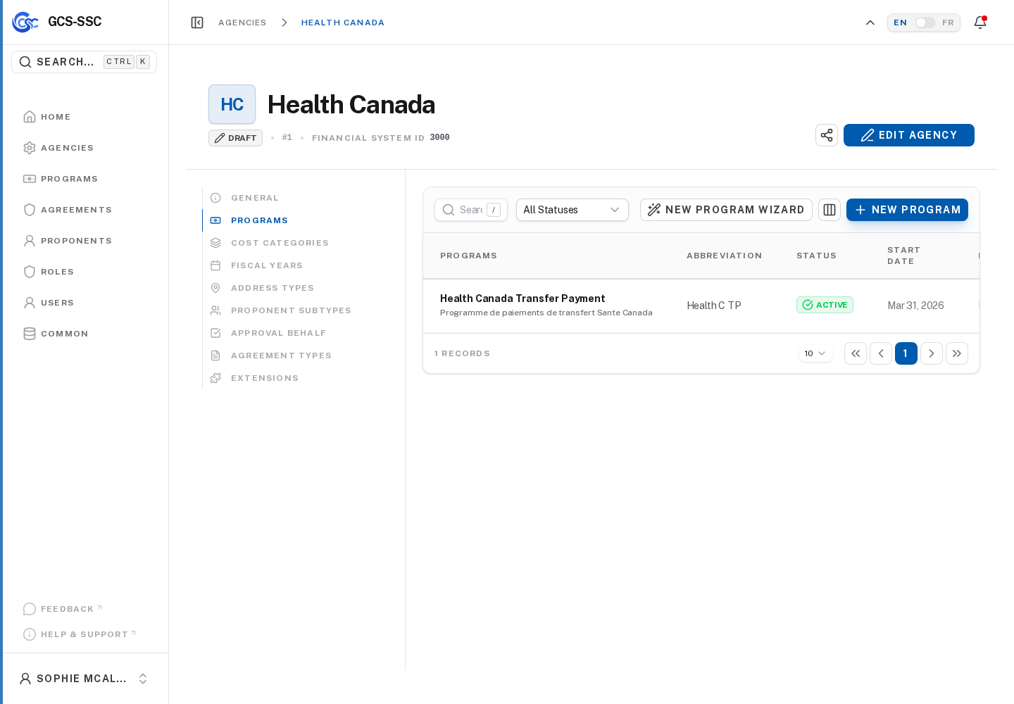 Agency programs tab