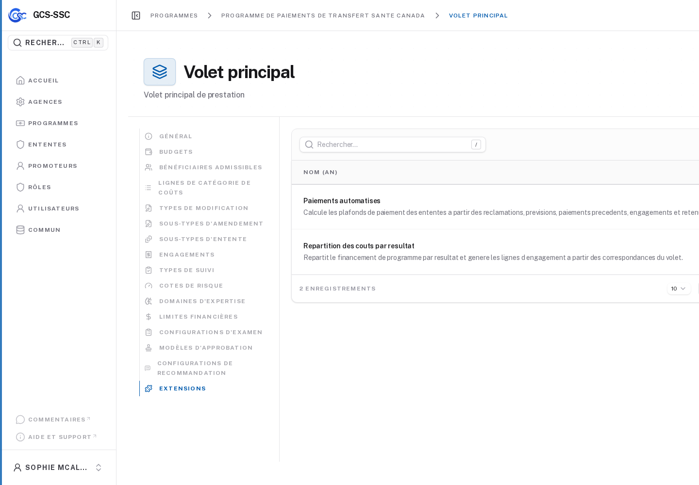 Configuration des extensions de volet